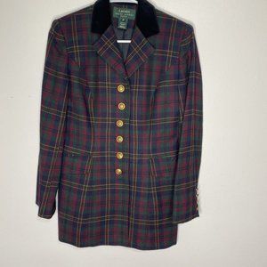 Lauren Ralph Women's Blazer Wool Green Maroon Plaid Gold Crest Button 2P